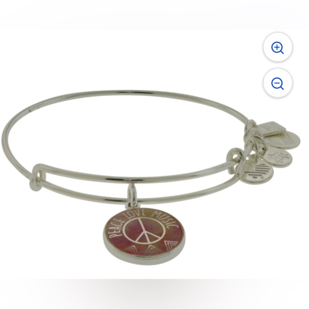 Alex and Ani Silver Bracelet with Red Peace Love Music Charm